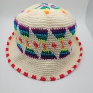 Handmade Crochet Bucket Hat Rainbow Geometric Multicolor Knit Festival Boho